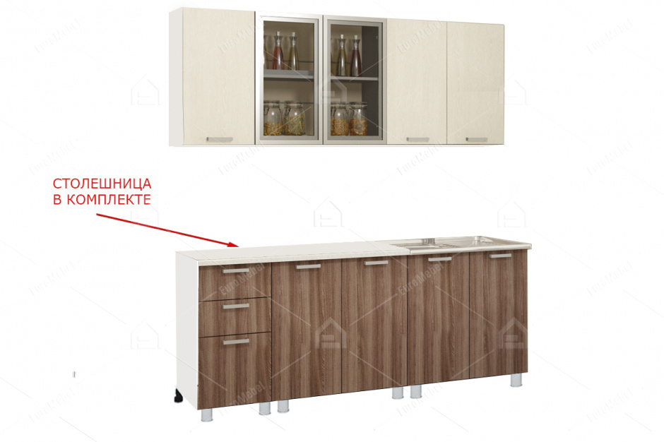 Комплект мебели для кухни Катя NEW 2000, Дуб атланта/Ясень шимо, БТС(Россия)