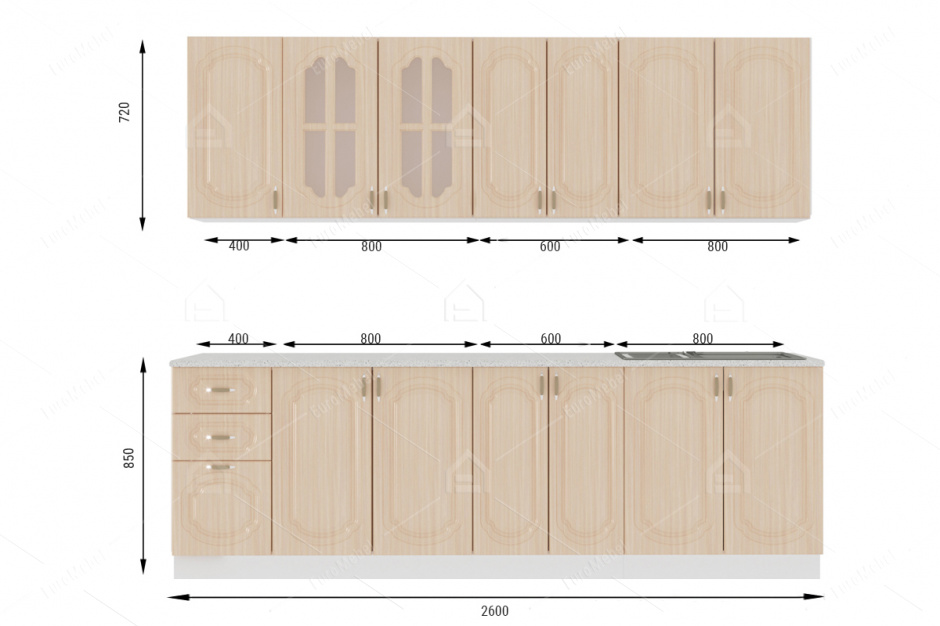 Комплект мебели для кухни Классика 3.1 2600, Дуб Млечный, Фант Мебель(Россия)